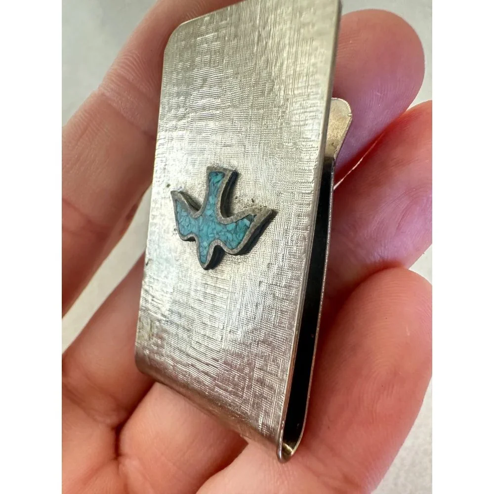 Stainless steel sterling silver turquoise chip inlay Peyote bird money clip